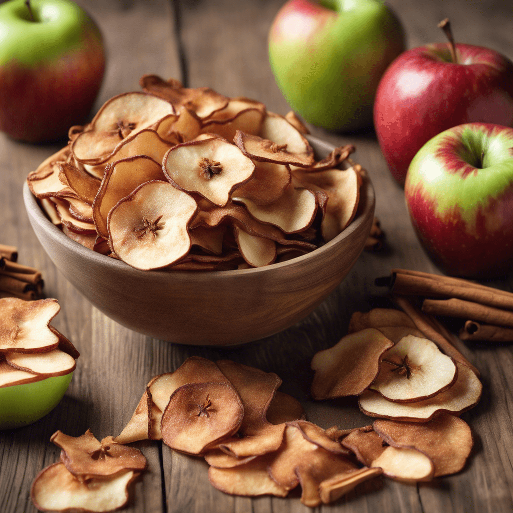 Bowl of dried apple chips with fresh apples and cinnamon sticks