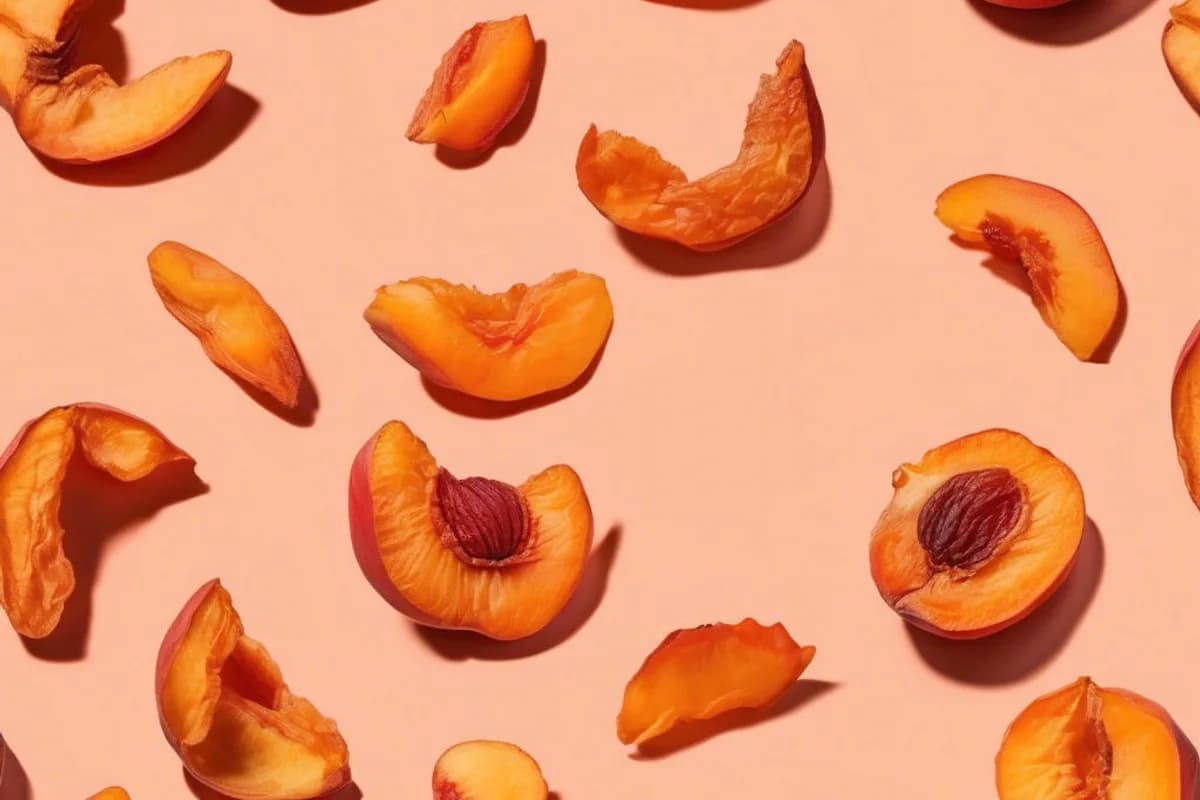 Dried peach slices on a wooden cutting board